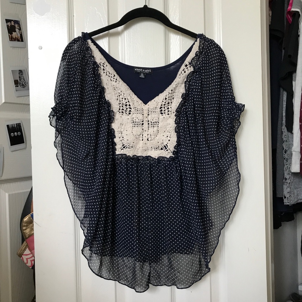 Navy blue blouse with ivory polka dots